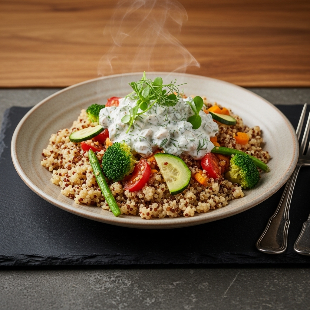 Garden Fresh German Vegetarian Feast: Quinoa Spätzle with Seasonal Vegetable Medley & Creamy Herb Sauce